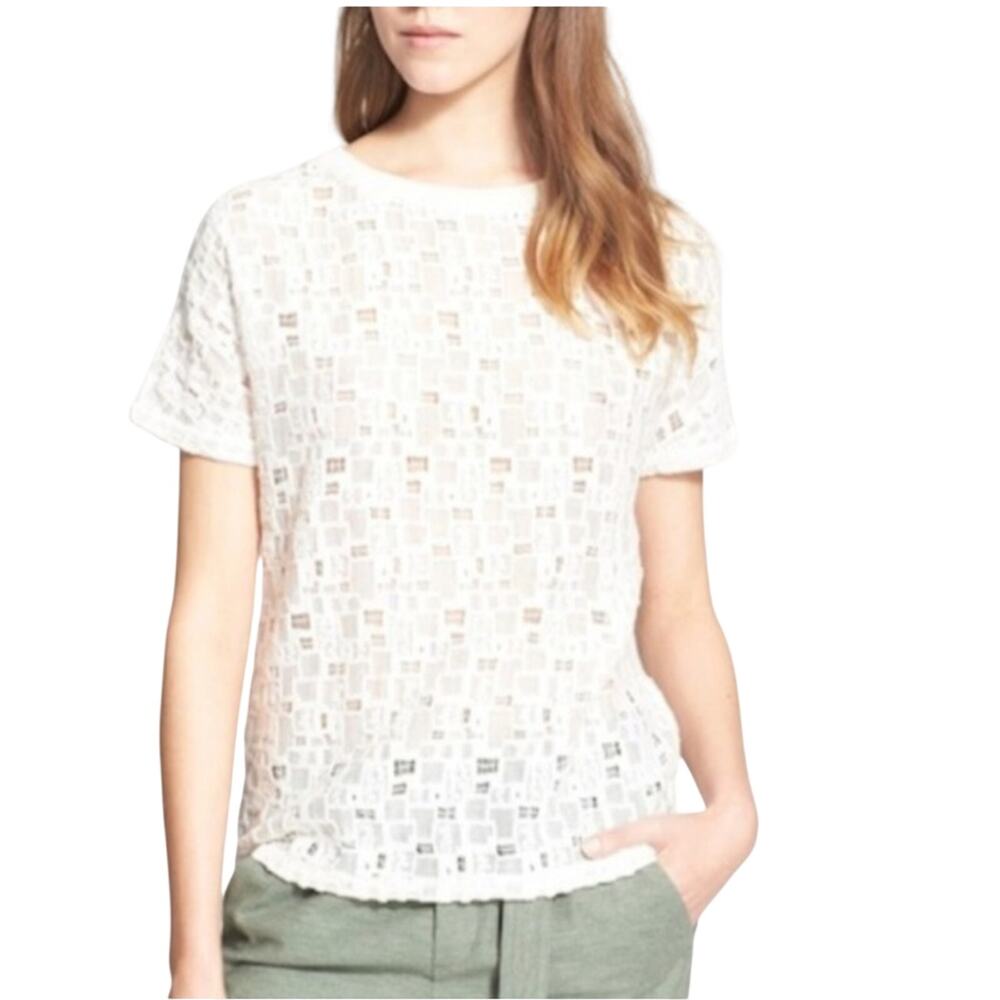 Vince White Openwork Short Sleeve Crewneck Top semi sheer